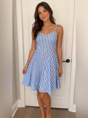 Old Navy Blue & White Striped Spaghetti Strap Mini Dress